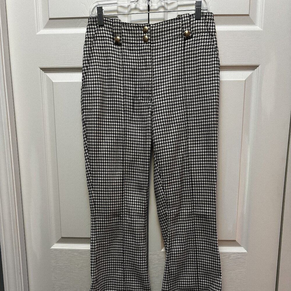 Derek Lam 10 Crosby Houndstooth Wide-Leg Pants Gold Button Size 8